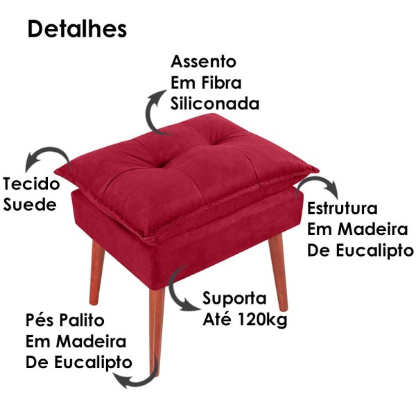 Encontraproduto.com.br - Kit 2 Puff Puf Opall Pes Palito 55x40cm Suede Vermelho Escuro MPassos