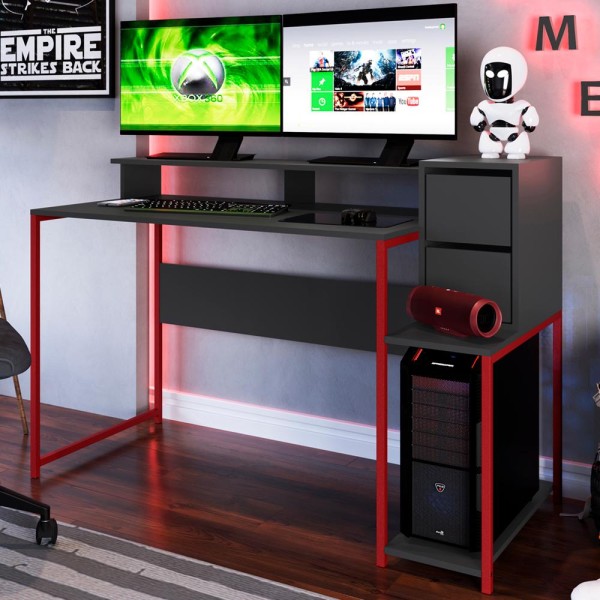 Encontraproduto.com.br - Mesa Para Computador Gamer 2 Gavetas RYZE 4501 Vermelho Grafite PP