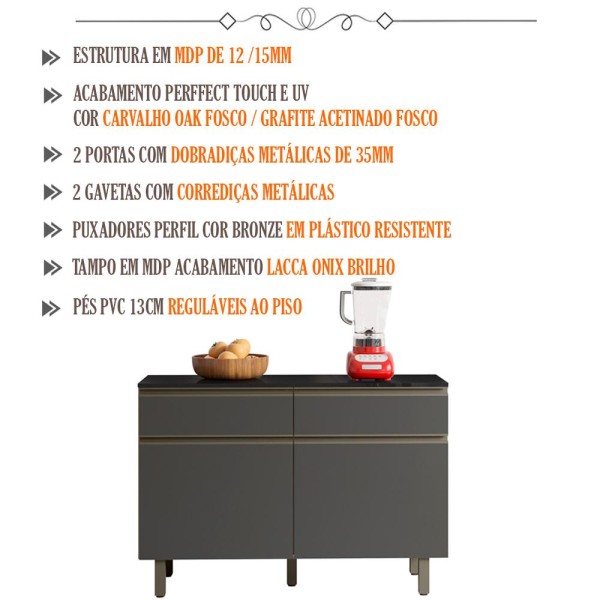 Encontraproduto.com.br - Balcao Com Tampo 2 Pts 2 Gavs 120cm 17003 Oak Grafite Pln Oak Grafite