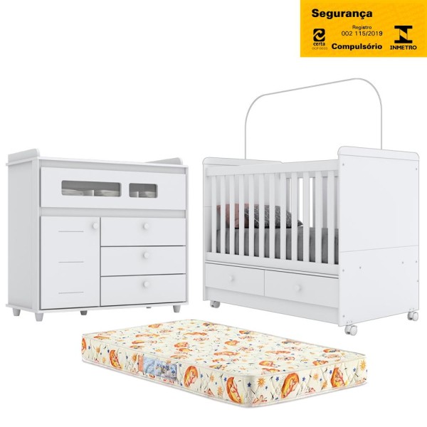 Encontraproduto.com.br - Berco Mini Cama I16 Com Colchao E Comoda Infantil II712 Branco Cristal Flex Henn