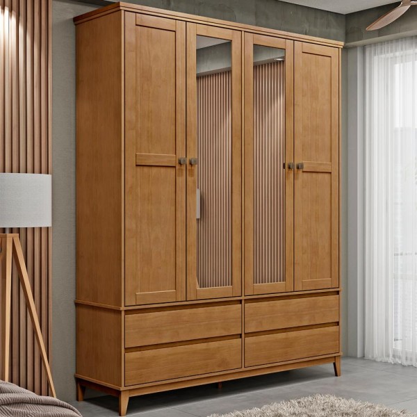 Encontraproduto.com.br - Guarda Roupa 4 Portas Bipartido Com Espelho MDF/Madeira Maciça 2803 Prata FNT