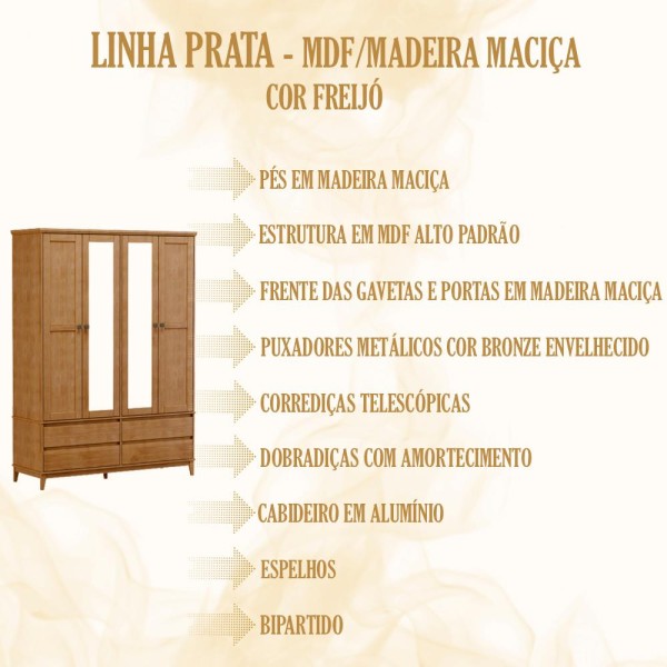 Encontraproduto.com.br - Guarda Roupa 4 Portas Bipartido Com Espelho MDF/Madeira Maciça 2803 Prata FNT