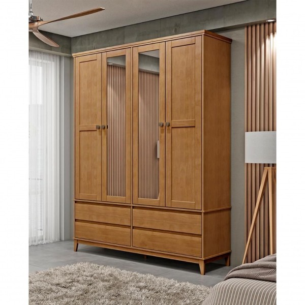 Encontraproduto.com.br - Guarda Roupa 4 Portas Bipartido Com Espelho MDF/Madeira Maciça 2803 Prata FNT