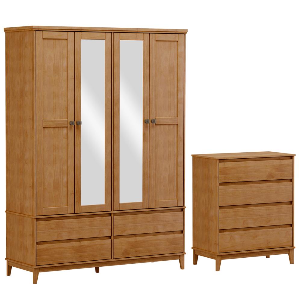 Guarda Roupa 4 Portas Com Espelho E Comoda MDF/Madeira Maciça Prata FNT