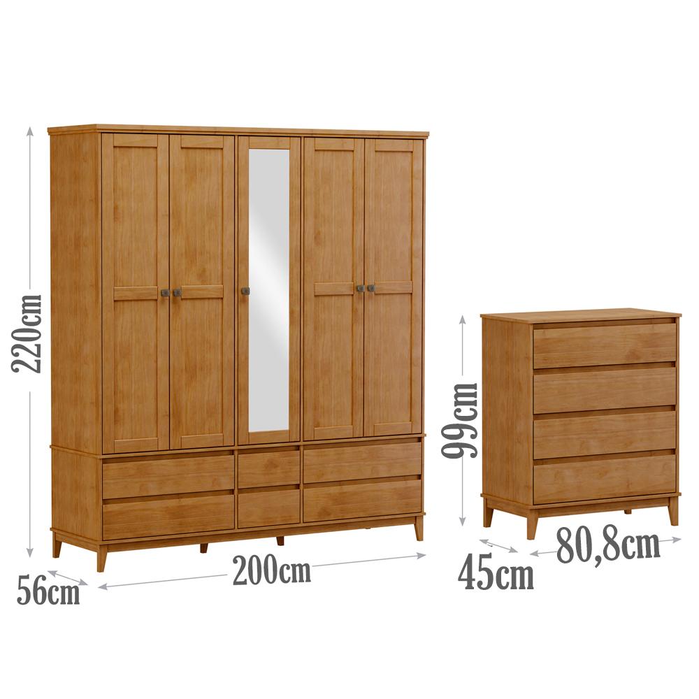 Guarda Roupa 5 Portas Com Espelho E Comoda MDF/Madeira Maciça Prata FNT