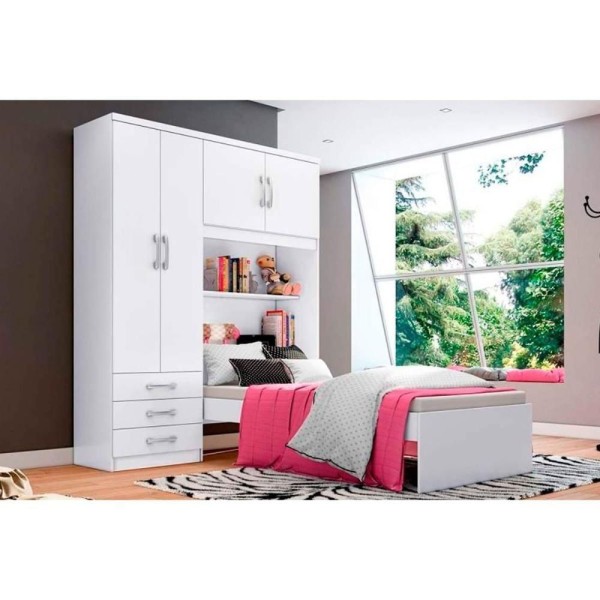 Encontraproduto.com.br - Guarda Roupa Solteiro 4 Portas e 3 Gavetas c/ Cama Cravo Branco - Henn
