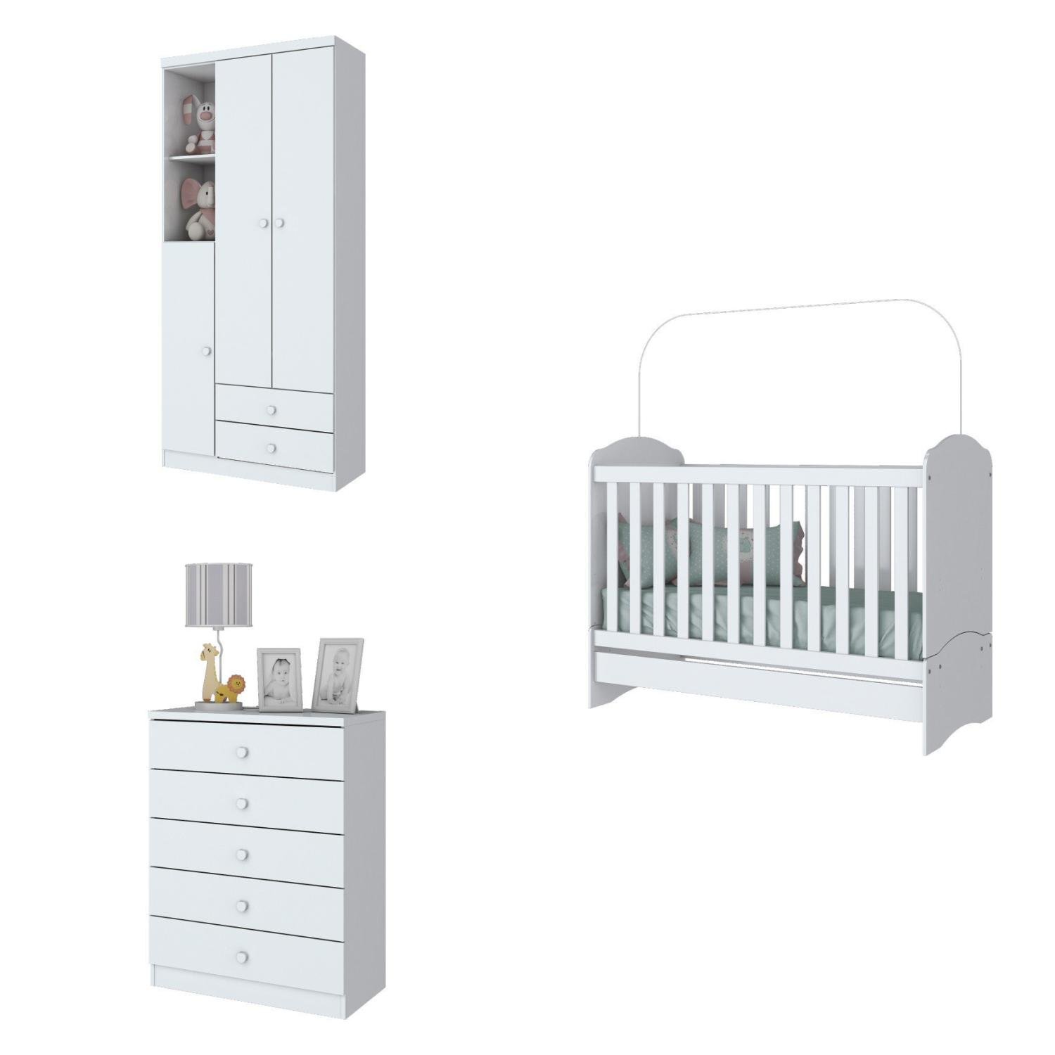 Encontraproduto.com.br - Quarto de Bebê com Guarda-Roupa 3 Portas Cômoda e Berço Faz de Conta Espresso Móveis Branco