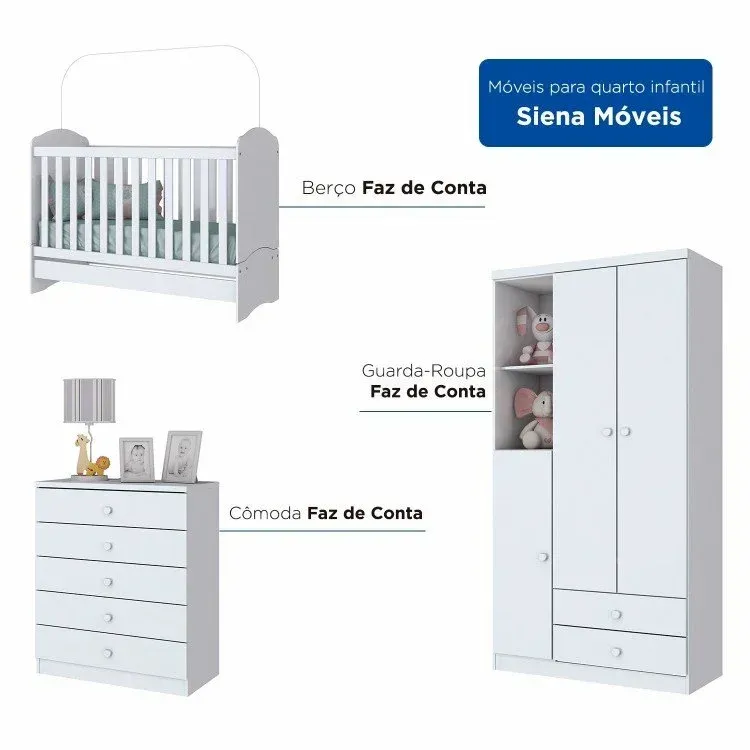 Encontraproduto.com.br - Quarto de Bebê com Guarda-Roupa 3 Portas Cômoda e Berço Faz de Conta Espresso Móveis Branco