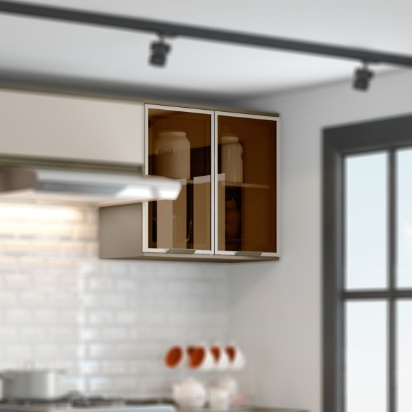 Encontraproduto.com.br - Armário Aéreo 80 cm 2 Portas Vidro 2 Prateleiras 2 Nichos Cozinha Connect 100% MDF Areia Duna