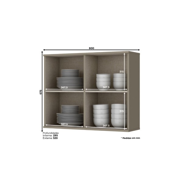 Encontraproduto.com.br - Armário Aéreo 80 cm 2 Portas Vidro 2 Prateleiras 2 Nichos Cozinha Connect 100% MDF Areia Duna