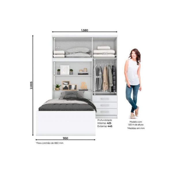 Encontraproduto.com.br - Guarda Roupa Solteiro 4 Portas e 3 Gavetas c/ Cama Cravo Branco/Rosa - Henn