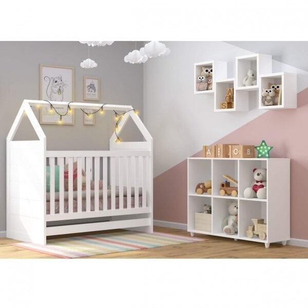 Conjunto Casinha Berço Mini Cama e Nichos Faz de Conta Espresso Móveis Branco