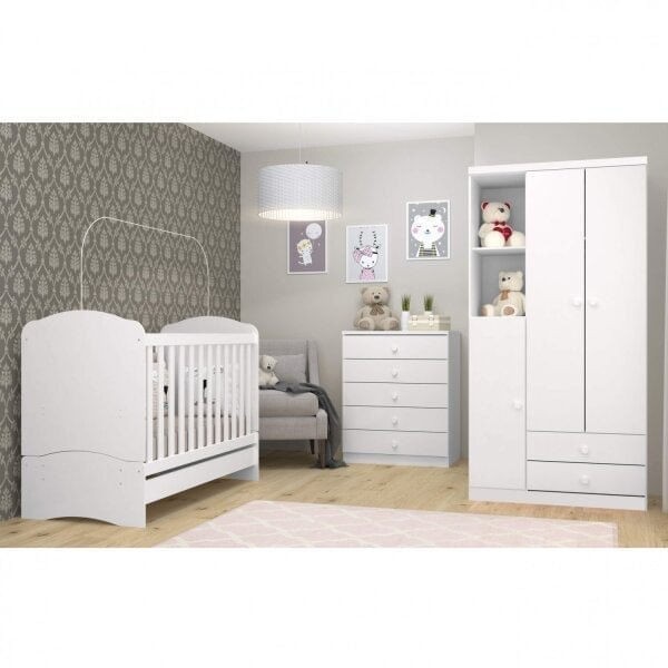 Encontraproduto.com.br - Quarto de Bebê com Guarda-Roupa 3 Portas Cômoda e Berço 3 em 1 Lápis de Cor Espresso Móveis Branco