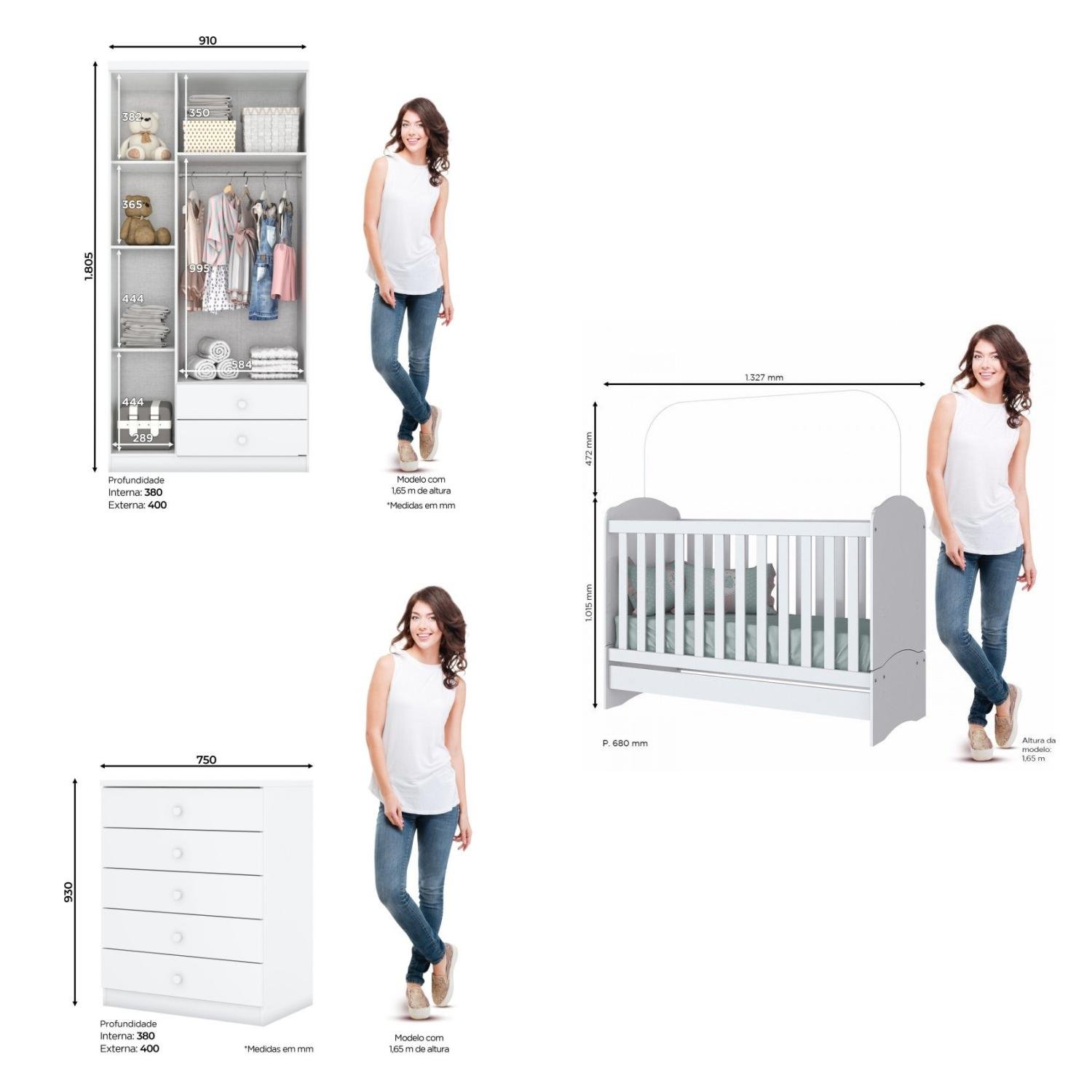 Encontraproduto.com.br - Quarto de Bebê com Guarda-Roupa 3 Portas Cômoda e Berço 3 em 1 Lápis de Cor Espresso Móveis Branco