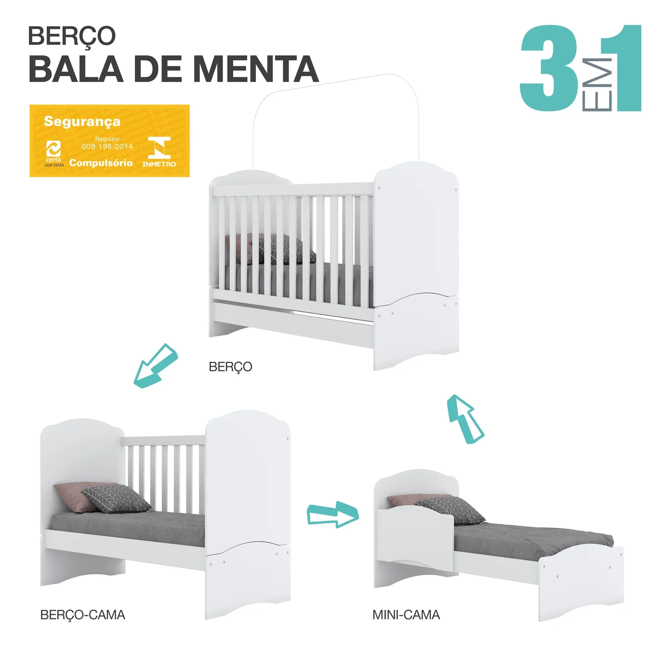 Encontraproduto.com.br - Quarto de Bebê com Guarda-Roupa 3 Portas Cômoda e Berço 3 em 1 Lápis de Cor Espresso Móveis Branco