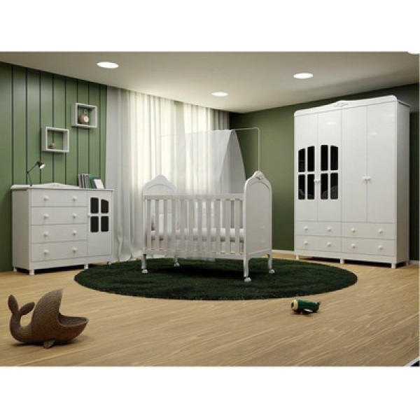 Quarto de Bebê com Guarda-Roupa 3 Portas Cômoda e Berço 3 em 1 Lápis de Cor Espresso Móveis Branco