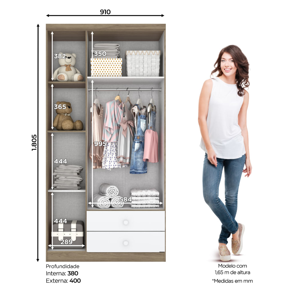 Encontraproduto.com.br - Guarda Roupa Roupeiro Quarto Infantil Menta 3 Portas 3 Prateleiras 2 Nichos MDF Marrom Branco