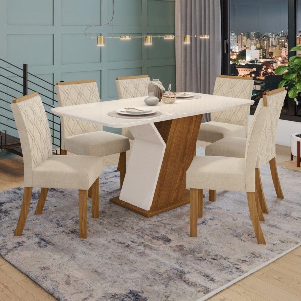 Conjunto Sala De Jantar Tampo Mdf Com Vidro Canto Arredondado 160 Cm 06 Cadeiras Lupita Casa 812 Nature Com Off White E Linho
