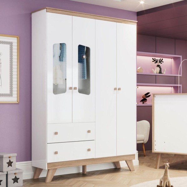 Encontraproduto.com.br - Guarda-Roupa / Roupeiro Infantil 4 Portas 2 Gavetas com Vidro Confete Henn Branco e Jequetibá 131cm