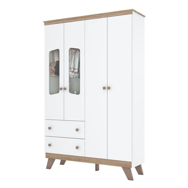 Encontraproduto.com.br - Guarda-Roupa / Roupeiro Infantil 4 Portas 2 Gavetas com Vidro Confete Henn Branco e Jequetibá 131cm