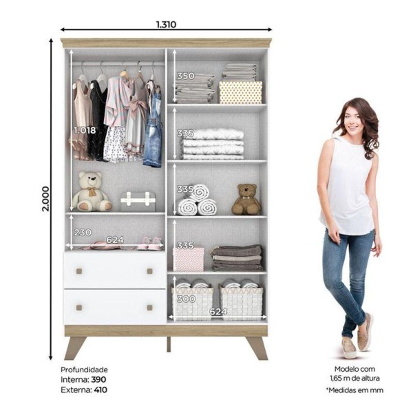 Encontraproduto.com.br - Guarda-Roupa / Roupeiro Infantil 4 Portas 2 Gavetas com Vidro Confete Henn Branco e Jequetibá 131cm