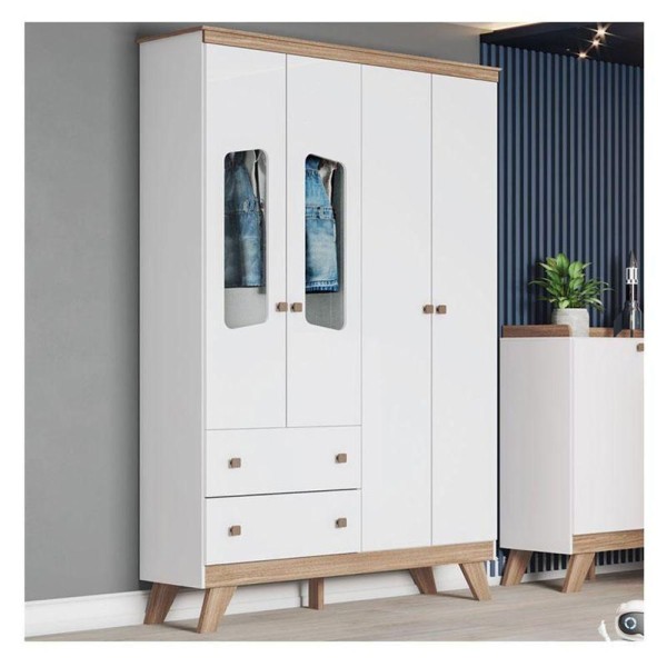 Encontraproduto.com.br - Guarda-Roupa / Roupeiro Infantil 4 Portas 2 Gavetas com Vidro Confete Henn Branco e Jequetibá 131cm