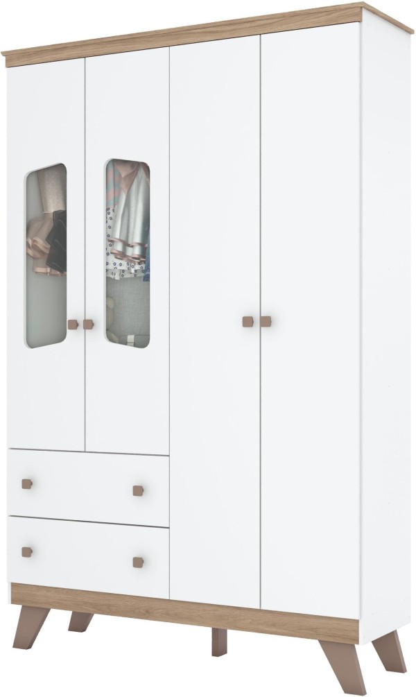Encontraproduto.com.br - Guarda-Roupa / Roupeiro Infantil 4 Portas 2 Gavetas com Vidro Confete Henn Branco e Jequetibá 131cm