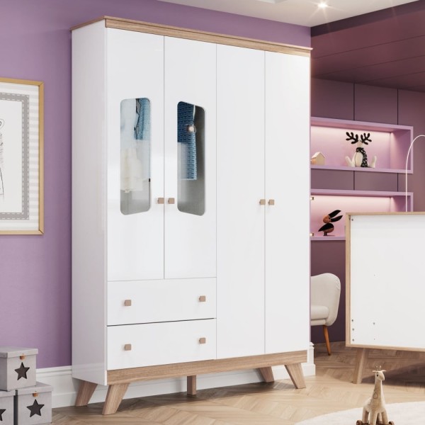 Encontraproduto.com.br - Guarda-Roupa / Roupeiro Infantil 4 Portas 2 Gavetas com Vidro Confete Henn Branco e Jequetibá 131cm