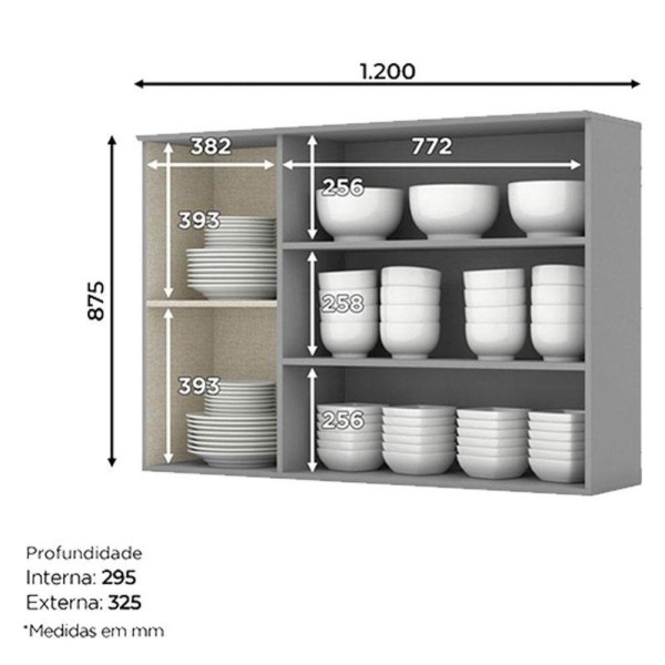 Encontraproduto.com.br - Armário Aéreo 3 Portas Com Vidro 120 Cm Americana Cinza - Henn