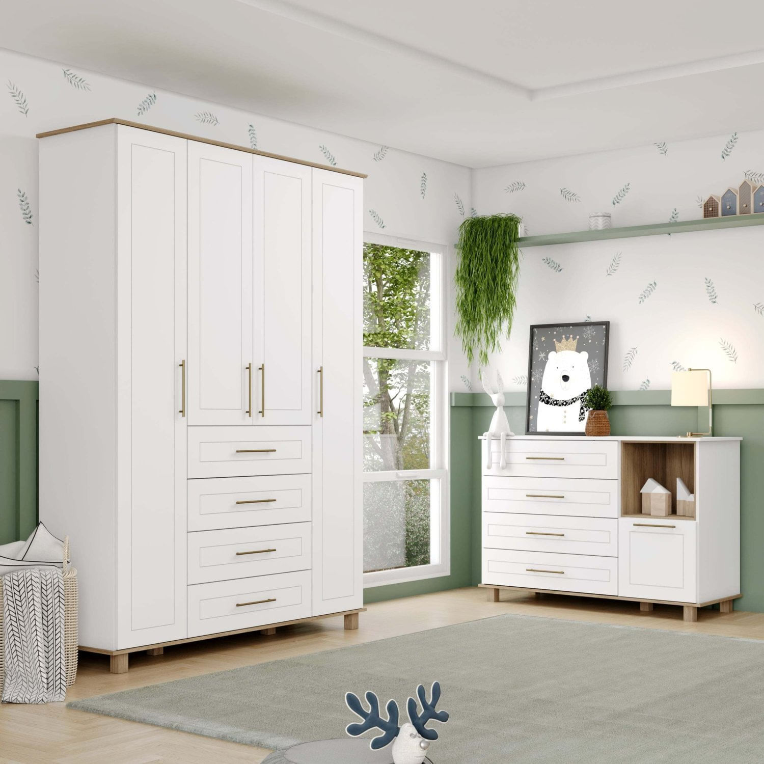 Quarto de Bebê Retrô com Cômoda e Guarda Roupas 100% Mdf Zoe Yescasa Branco HP/Nature
