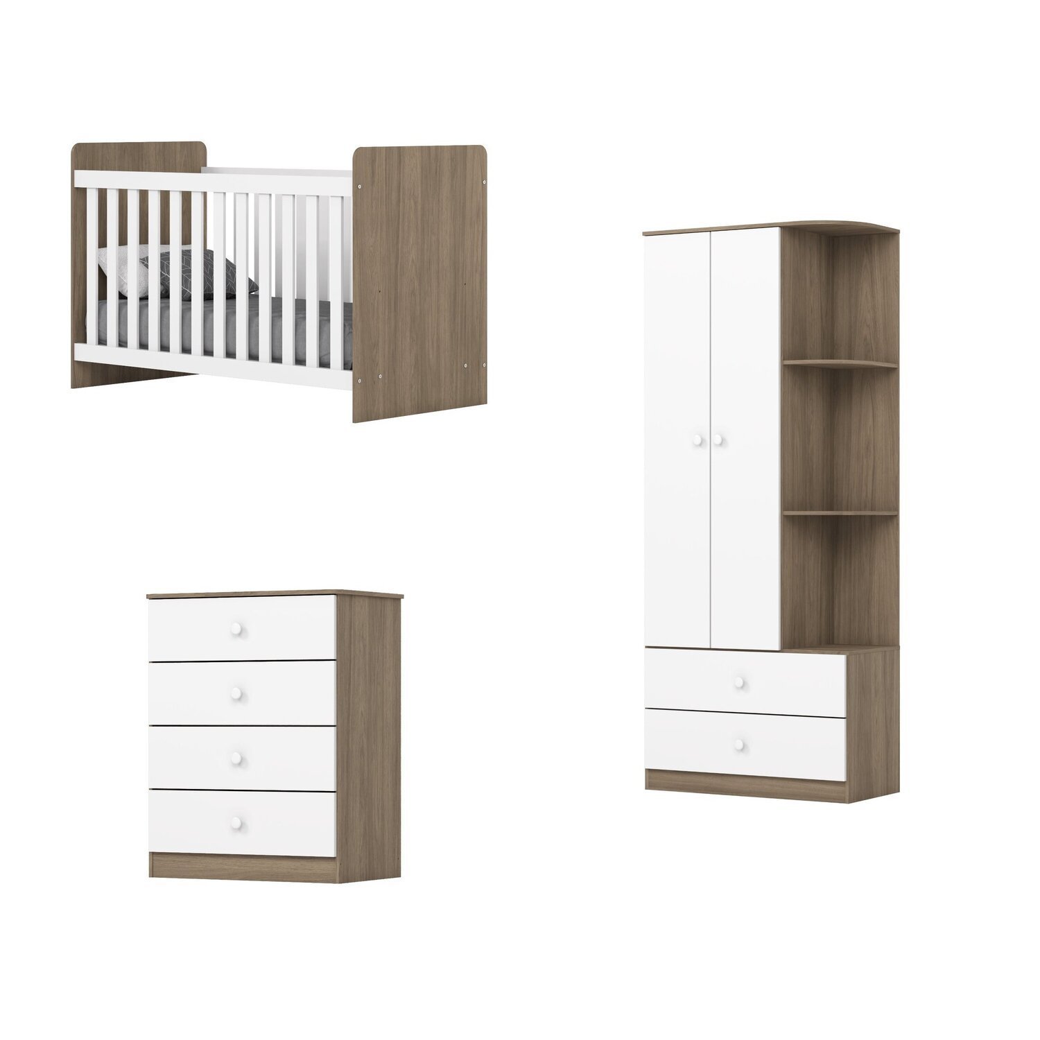 Encontraproduto.com.br - Quarto de Bebê com Guarda-Roupa 2 Portas Cômoda e Berço Labirinto Rústico/Branco