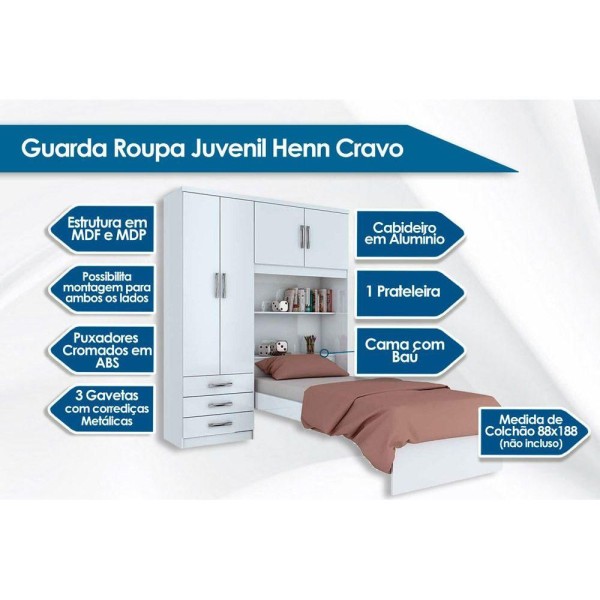 Encontraproduto.com.br - Guarda Roupa Solteiro 4 Portas e 3 Gavetas c/ Cama Cravo Branco - Henn