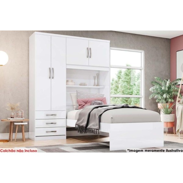 Encontraproduto.com.br - Guarda Roupa Solteiro 4 Portas e 3 Gavetas c/ Cama Cravo Branco - Henn