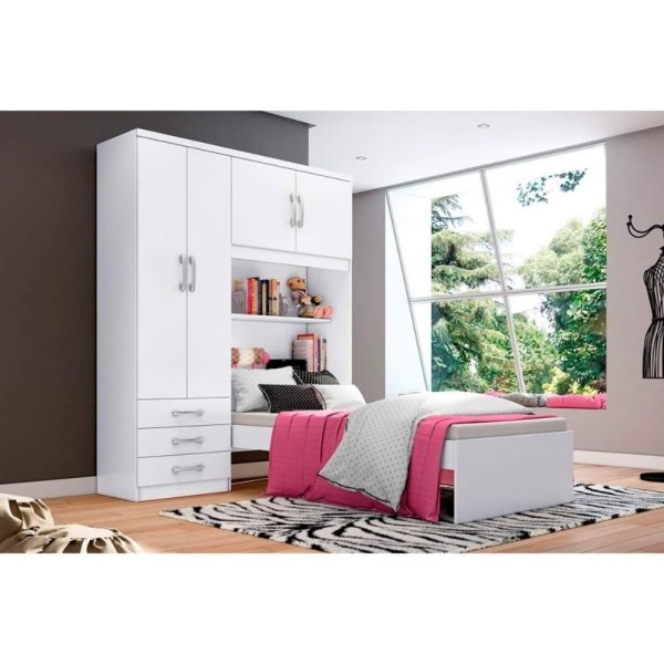 Encontraproduto.com.br - Guarda Roupa Solteiro 4 Portas e 3 Gavetas c/ Cama Cravo Branco - Henn