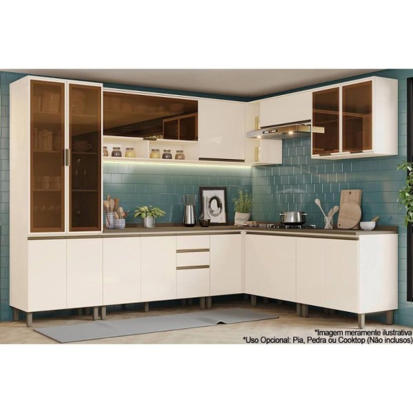 Encontraproduto.com.br - Cozinha Completa Connect 13 Peças (4Aéreos+4Balcões+1Paneleiro+4Complementos) C6P06 Off White - Henn
