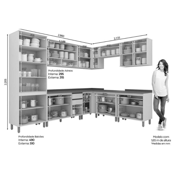 Encontraproduto.com.br - Cozinha Completa Connect 13 Peças (4Aéreos+4Balcões+1Paneleiro+4Complementos) C6P06 Off White - Henn