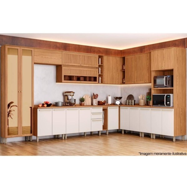 Encontraproduto.com.br - Cozinha Completa Requinte 20 Peças (6 Aéreos + 6 Balcões + 2 Paneleiros + 6 Complementos) Cz109 Nature-nature-areia - Henn