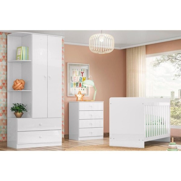 Quarto Infantil Completo Labirinto 3 Peças (1 Guarda Roupa + 1 Berço + 1 Cômoda) Qi58 Branco
