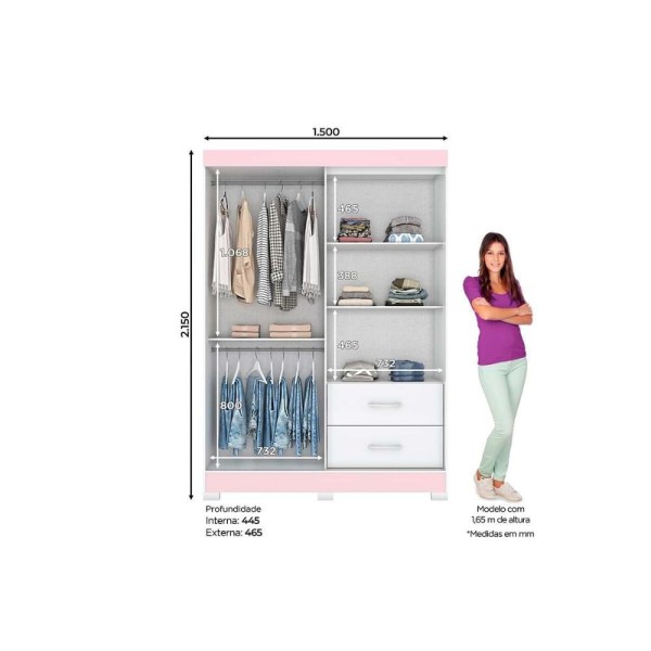 Encontraproduto.com.br - Guarda Roupas 3 Portas de Correr (1 ) e 2 Gavetas c/ Pés Briz Corba B59 Branco - Henn