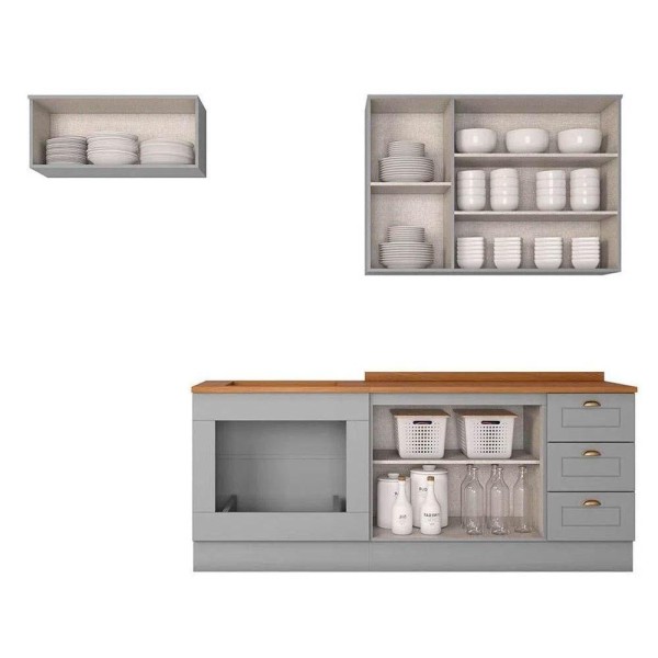 Encontraproduto.com.br - Cozinha Completa Americana (2 Aéreos, 2 Balcões, 2 Complementos) 6 Peças Cinza - Henn