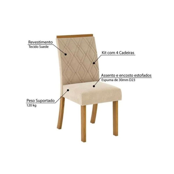 Encontraproduto.com.br - Sala De Jantar Completa Vértice C/ Vidro 120Cm + 4 Cadeiras Vita Nature/Veludo Light Linho - Henn