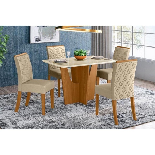 Encontraproduto.com.br - Sala De Jantar Completa Vértice C/ Vidro 120Cm + 4 Cadeiras Vita Nature/Veludo Light Linho - Henn