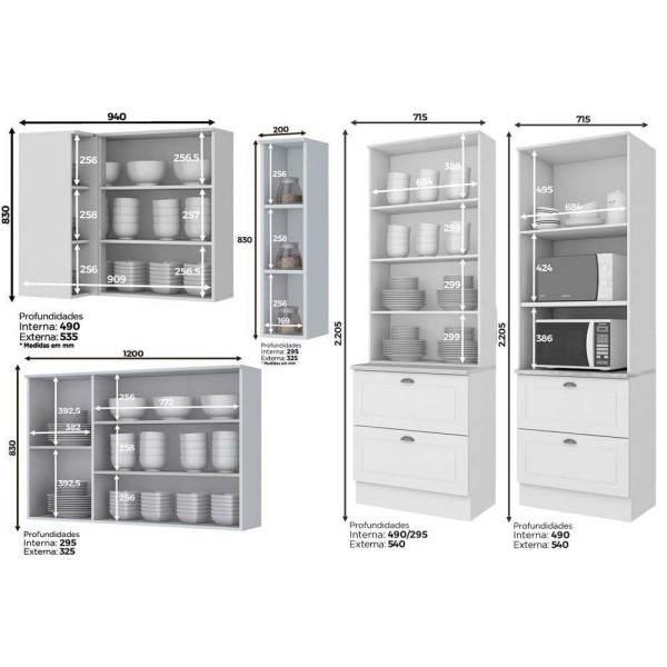 Encontraproduto.com.br - Cozinha Henn Americana 14Pçs (3 Armários + 4 Balcões + 1 Paneleiro + 6 Complementos) C14p01 Branco