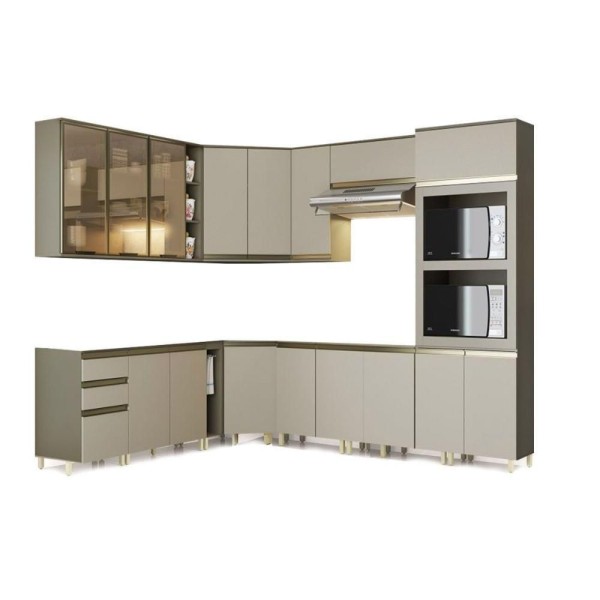 Encontraproduto.com.br - Cozinha Modulada Henn 11pçs 4 Armários 4 Balcões 1 Paneleiro 2 Complementos C11P02 Duna/Cristal