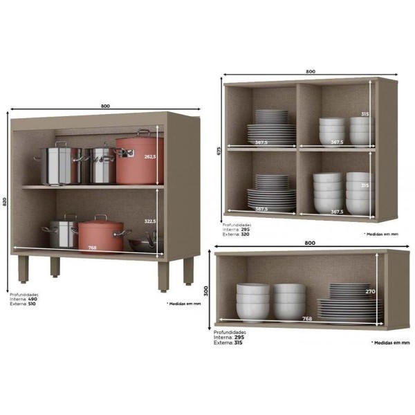 Encontraproduto.com.br - Cozinha Modulada Henn 8pçs 3 Armários 2 Balcões 1 Paneleiro 2 Complementos C8P13 Duna/Cristal