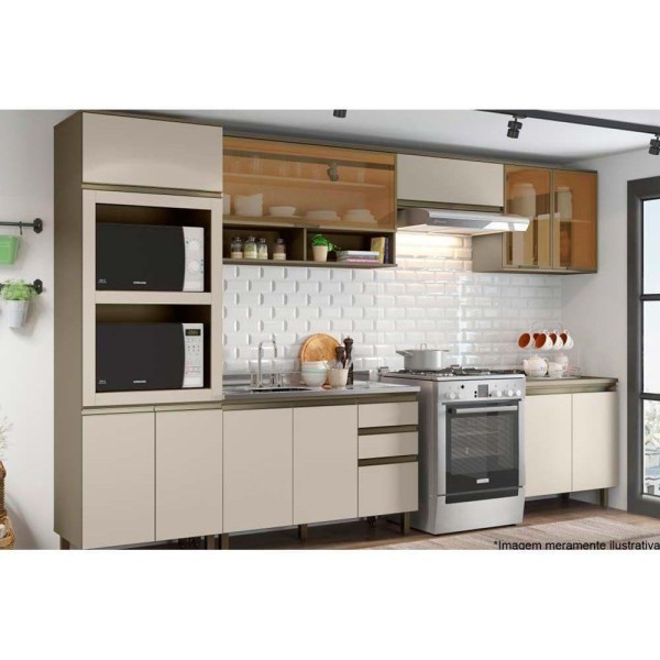 Encontraproduto.com.br - Cozinha Modulada Henn 8pçs 3 Armários 2 Balcões 1 Paneleiro 2 Complementos C8P13 Duna/Cristal