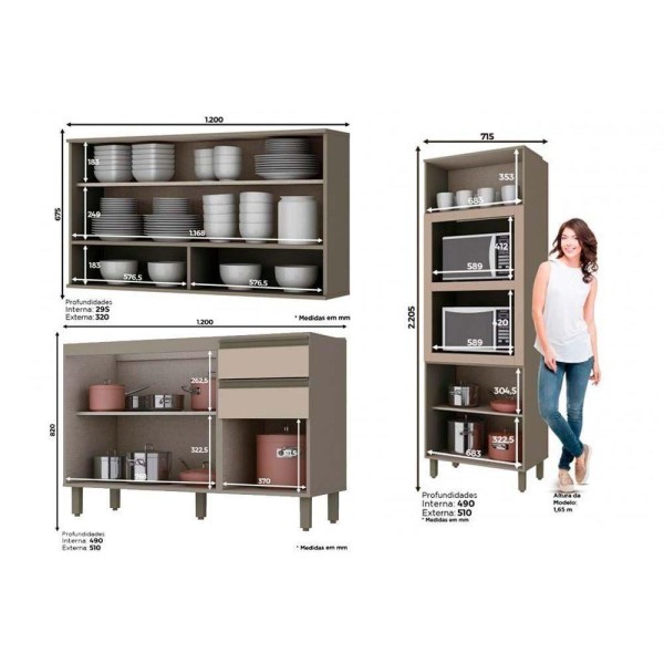Encontraproduto.com.br - Cozinha Modulada Henn 8pçs 3 Armários 2 Balcões 1 Paneleiro 2 Complementos C8P13 Duna/Cristal