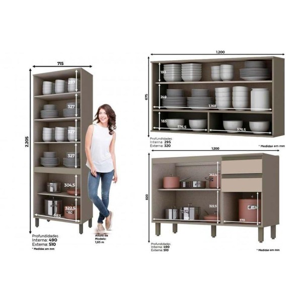 Encontraproduto.com.br - Cozinha Modulada Completa Connect 8pçs 4 Armários 2 Balcões 2 Complementos C8P10 Duna/Cristal Henn