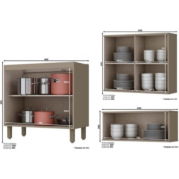 Encontraproduto.com.br - Cozinha Modulada Completa Connect 8pçs 4 Armários 2 Balcões 2 Complementos C8P10 Duna/Cristal Henn