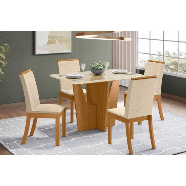 Encontraproduto.com.br - Sala De Jantar Completa Vértice Tampo Madeirado C/ Vidro Canto Reto 120x80cm E 4 Cadeiras Isa Nature/veludo Light Linho - Henn